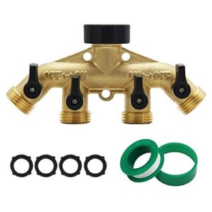 atdawn 4 way brass hose splitter, 3/4″ brass hose faucet manifold, garden hose adapter connector