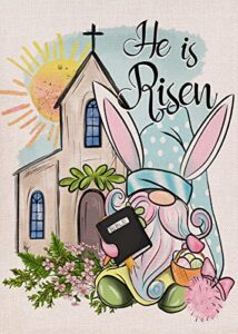 covido home decorative he is risen religious church bunny gnome easter garden flag, house yard polka dots eggs hyacinth flowers outside decoration, spring floral outdoor small decor double sided 12×18