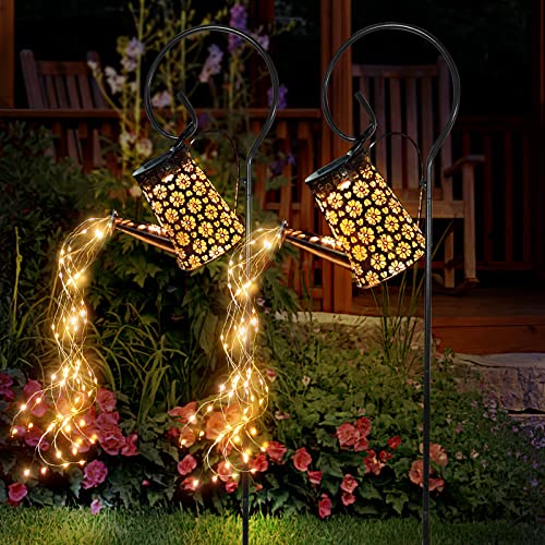 Solar Lights Outdoor Waterproof, Solar Watering Can Lights Garden Decor, Retro Metal Hanging Solar Lantern with String Lights, Outdoor Decorations for Porch Lawn Driveway Backyard Pathway（2 Pack）