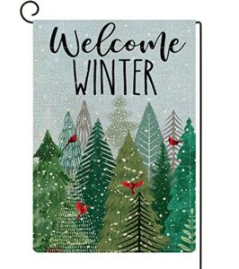 ortigia welcome winter pines tree garden flag christmas tree burlap vertical double sided winter forest cardinal red bird yard flag for outside xmas farmhouse seasonal outdoor flag 12×18 inch