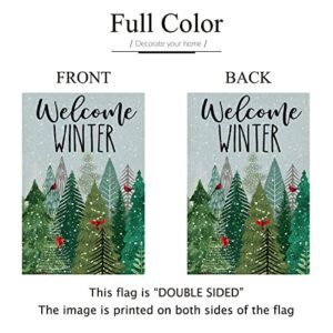 ORTIGIA Welcome Winter Pines Tree Garden Flag Christmas Tree Burlap Vertical Double Sided Winter Forest Cardinal Red Bird Yard Flag for Outside Xmas Farmhouse Seasonal Outdoor Flag 12x18 Inch