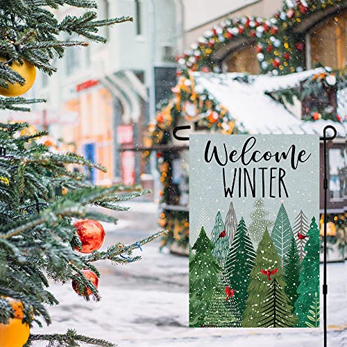 ORTIGIA Welcome Winter Pines Tree Garden Flag Christmas Tree Burlap Vertical Double Sided Winter Forest Cardinal Red Bird Yard Flag for Outside Xmas Farmhouse Seasonal Outdoor Flag 12x18 Inch