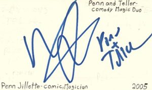 penn jillette comedian magician tv movie autographed signed index card jsa coa