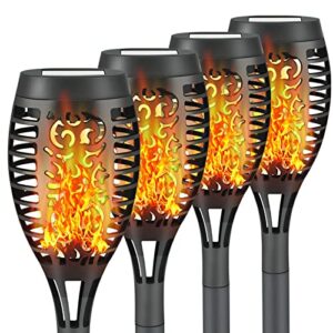 liveasily 4 pack led solar torch light with flickering flame outdoor waterproof, solar torches stake lights, auto on/off solar garden lights decorations