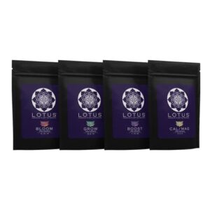 lotus nutrients powdered plant nutrients intro pack: grow, bloom, boost, and cal/mag – w/nitrogen calcium and magnesium – for hydroponics coco coir and soil – indoor and outdoor plants