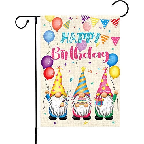 Louise Maelys Happy Birthday Garden Flag 12x18 Double Sided Vertical, Burlap Small Farmhouse Welcome Birthday Gnome Cake Garden Yard House Flags for Birthday Party Gift Porch Lawn Sign Decoration (ONLY FLAG)