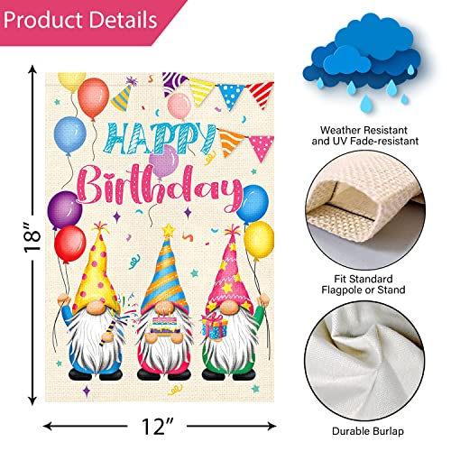 Louise Maelys Happy Birthday Garden Flag 12x18 Double Sided Vertical, Burlap Small Farmhouse Welcome Birthday Gnome Cake Garden Yard House Flags for Birthday Party Gift Porch Lawn Sign Decoration (ONLY FLAG)