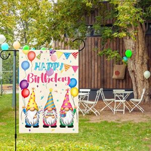 Louise Maelys Happy Birthday Garden Flag 12x18 Double Sided Vertical, Burlap Small Farmhouse Welcome Birthday Gnome Cake Garden Yard House Flags for Birthday Party Gift Porch Lawn Sign Decoration (ONLY FLAG)