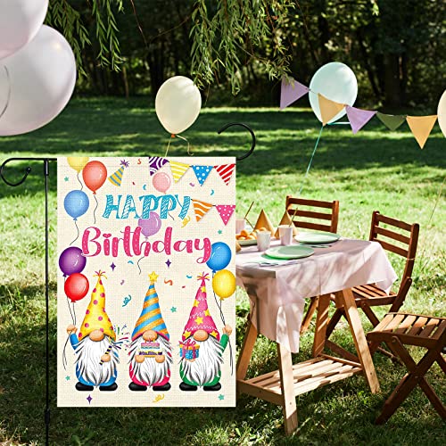 Louise Maelys Happy Birthday Garden Flag 12x18 Double Sided Vertical, Burlap Small Farmhouse Welcome Birthday Gnome Cake Garden Yard House Flags for Birthday Party Gift Porch Lawn Sign Decoration (ONLY FLAG)