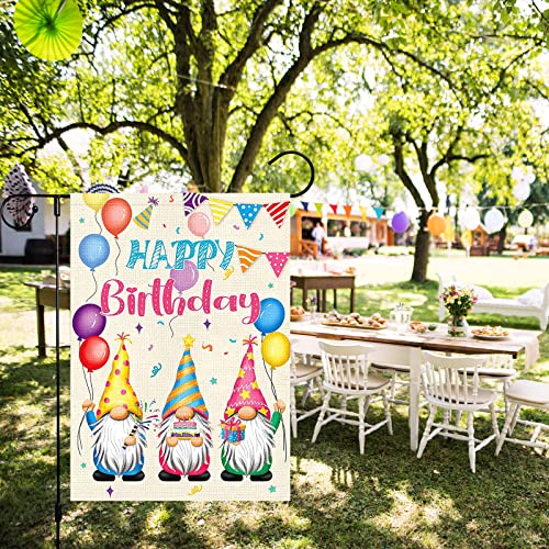 Louise Maelys Happy Birthday Garden Flag 12x18 Double Sided Vertical, Burlap Small Farmhouse Welcome Birthday Gnome Cake Garden Yard House Flags for Birthday Party Gift Porch Lawn Sign Decoration (ONLY FLAG)