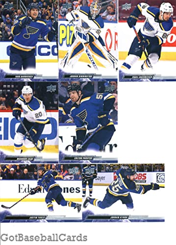 2022-23 Upper Deck Series 1 Hockey St. Louis Blues Team Set of 7 Cards: Ivan Barbashev(#155), Jordan Binnington(#156), Pavel Buchnevich(#157), Justin Faulk(#158), Jordan Kyrou(#159), Colton Parayko(#160), Brandon Saad(#161) - GotBaseballCards