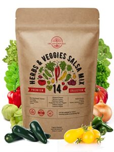 14 herb, tomato & chili pepper gardening seeds salsa variety pack for planting outdoors & indoor garden 2200+ non-gmo heirloom seeds cilantro, basil, oregano, parsley, onion, pepper tomato seed & more