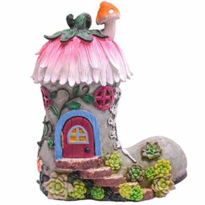 teresa’s collections boot fairy house garden statues with solar light, door can open resin fairy garden accessories outdoor cottage figurines lawn ornaments for outside patio yard decorations, 8.8″