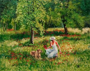 springtime, figure painting of a woman in flower field with dog by yary dluhos