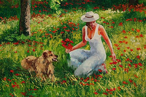 Springtime, Figure Painting of a Woman in Flower Field with Dog by Yary Dluhos