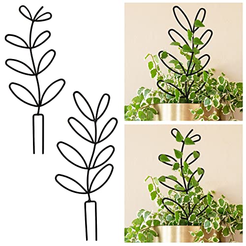 Garden Trellis for Climbing Plant Iron Pot Trellis Leaf Shape 2 Packs 12’’ Black Coated Wire Indoor Houseplant Home Plant Tool Plant Lover Gifts Ideas