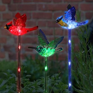exhart garden stake, set of 3 bird garden solar lights stakes, colored leds, windywing outdoor garden decorations, cardinal, hummingbird, and blue bird, 4 x 24 inch