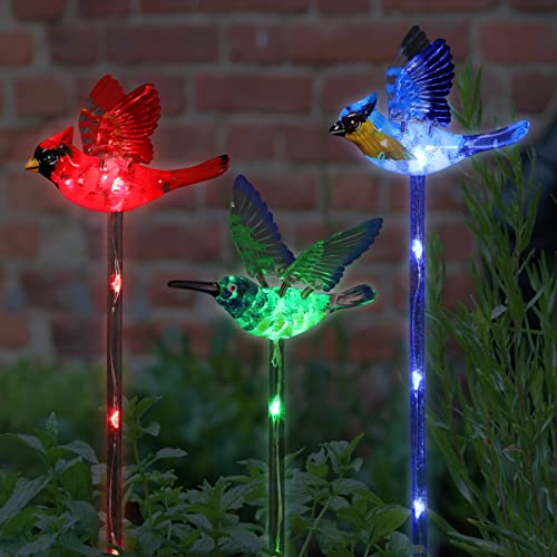 Exhart Garden Stake, Set of 3 Bird Garden Solar Lights Stakes, Colored LEDs, WindyWing Outdoor Garden Decorations, Cardinal, Hummingbird, and Blue Bird, 4 x 24 Inch