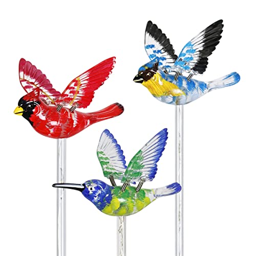 Exhart Garden Stake, Set of 3 Bird Garden Solar Lights Stakes, Colored LEDs, WindyWing Outdoor Garden Decorations, Cardinal, Hummingbird, and Blue Bird, 4 x 24 Inch