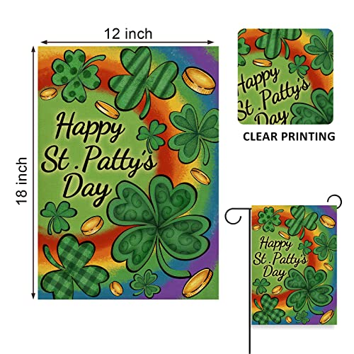 Covido Home Decorative Happy St. Patrick's Day Shamrock Clover Garden Flag, Rainbow Yard Outside Decorations, Irish Luck Outdoor Small Decor Double Sided 12x18