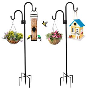 whonline double shepherds hooks for outdoor 76 inches (2 pack), bird feeder pole heavy duty with 5-prong base, two sided garden pole for hanging plant baskets, solar lights, weddings decor