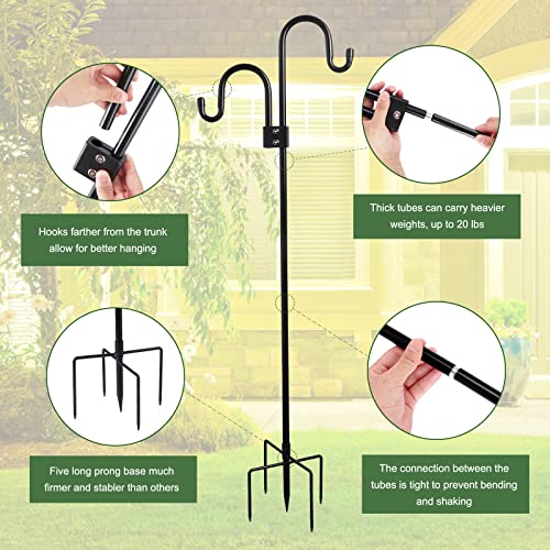 Whonline Double Shepherds Hooks for Outdoor 76 Inches (2 Pack), Bird Feeder Pole Heavy Duty with 5-Prong Base, Two Sided Garden Pole for Hanging Plant Baskets, Solar Lights, Weddings Decor