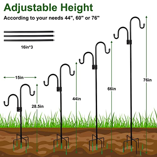 Whonline Double Shepherds Hooks for Outdoor 76 Inches (2 Pack), Bird Feeder Pole Heavy Duty with 5-Prong Base, Two Sided Garden Pole for Hanging Plant Baskets, Solar Lights, Weddings Decor