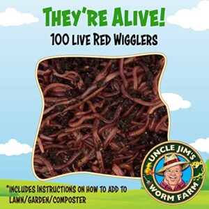 Uncle Jim's Worm Farm Red Wiggler Live Composting Worms Mix for Garden Soil or Fishing | Starter Pack of Compost Worms Improves Soil Structure and Quality for Healthier Gardens | 100 Count