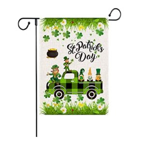 St Patrick's Day Garden Flags, 12.5 x 18 Inch Gnomes Green Buffalo Plaid Truck Garden Flag Vertical Double Sized Spring Holiday Burlap Flag for House Yard Outdoor Decor