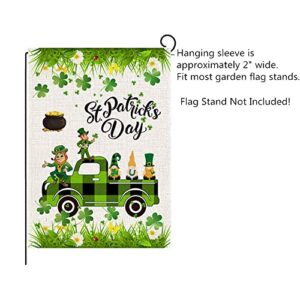 St Patrick's Day Garden Flags, 12.5 x 18 Inch Gnomes Green Buffalo Plaid Truck Garden Flag Vertical Double Sized Spring Holiday Burlap Flag for House Yard Outdoor Decor
