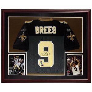 drew brees autographed new orleans saints (black #9) deluxe framed jersey – brees holo
