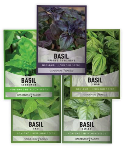 Basil Seeds for Planting Home Garden Herbs - 5 Variety Herb Pack Thai, Lemon, Cinnamon, Sweet and Dark Opal Basil Seeds Herb Seeds for Indoors, Outdoors, Hydroponics & Aquaponic by Gardeners Basics