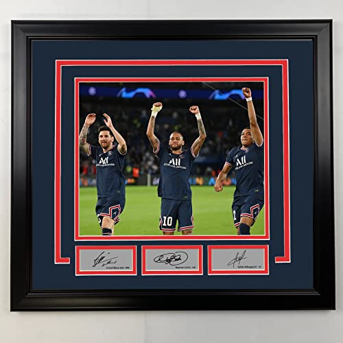 Framed Lionel Messi, Neymar Jr. and Kylian Mbappe Facsimile Laser Engraved Signatures PSG 19x21 Soccer Photo