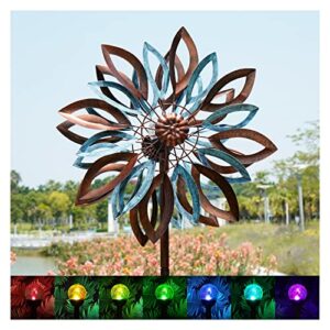 cyan oasis yard garden wind spinners with solar lights, large outdoor metal wind spinners, lawn yard art garden decor (22″ w x 87″ h)