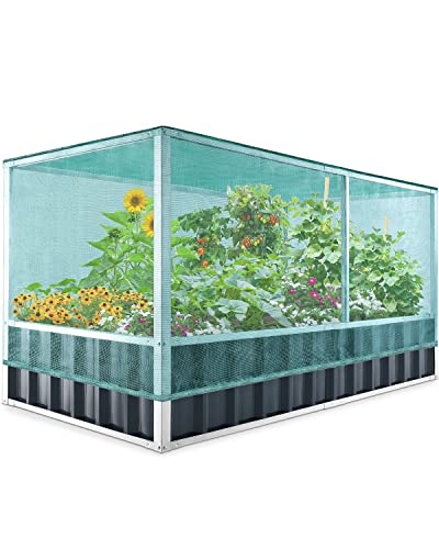 KING BIRD Raised Garden Bed with Garden Anti Bird Protection Netting Structure 68"x36"x27.5" Galvanized Steel Metal Planter Kit Box with 8pcs T-Type Tags & 2 Pairs of Gloves Dark Grey