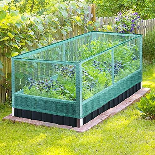 KING BIRD Raised Garden Bed with Garden Anti Bird Protection Netting Structure 68"x36"x27.5" Galvanized Steel Metal Planter Kit Box with 8pcs T-Type Tags & 2 Pairs of Gloves Dark Grey