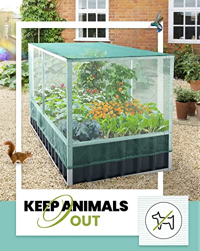 KING BIRD Raised Garden Bed with Garden Anti Bird Protection Netting Structure 68"x36"x27.5" Galvanized Steel Metal Planter Kit Box with 8pcs T-Type Tags & 2 Pairs of Gloves Dark Grey