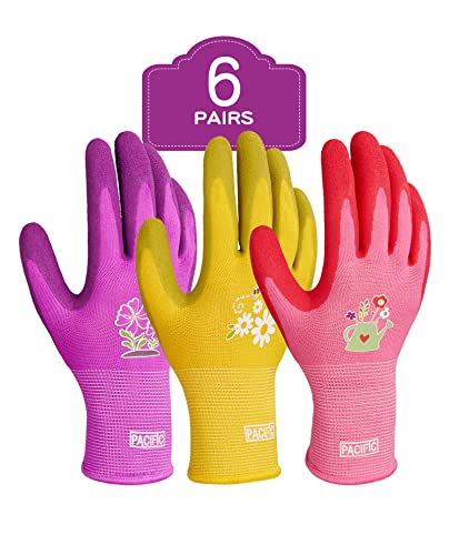 PACIFIC PPE 6 Pairs Gardening Gloves for women and Ladies, Rubber Coated Garden Gloves, Outdoor Protective Work Gloves, Medium Size fits Most, Purple & Yellow & Red