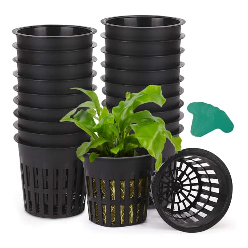 GROWNEER 25 Packs 4 Inch Garden Slotted Mesh Net Cups, Heavy Duty Net Pots with 25Pcs Plant Labels, Wide Lip Bucket Basket for Hydroponics