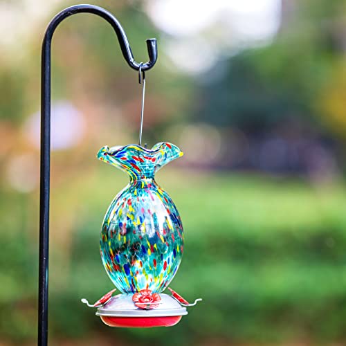 LaElvish Garden Hummingbird Feeder, 32OZ Hand Blown Glass Hummingbird Feeders for Outdoors Hanging, Built-in Ant Moat Wild Humming Bird Feeders, Yard Garden Gifts Decor (Merry)