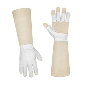 long sleeve leather gardening gloves,puncture resistant,breathable pigskin leather gauntlet,rose pruning floral gauntlet garden gloves for women and men (medium, beige)