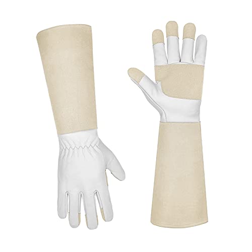 Long Sleeve Leather Gardening Gloves,Puncture resistant,Breathable Pigskin Leather Gauntlet,Rose Pruning Floral Gauntlet Garden Gloves For Women and Men (Medium, Beige)