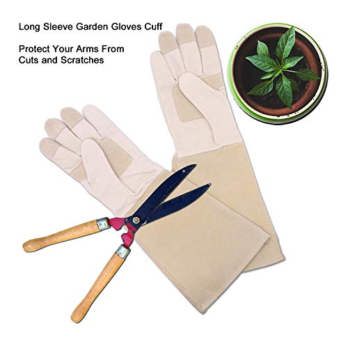 Long Sleeve Leather Gardening Gloves,Puncture resistant,Breathable Pigskin Leather Gauntlet,Rose Pruning Floral Gauntlet Garden Gloves For Women and Men (Medium, Beige)