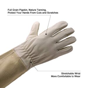 Long Sleeve Leather Gardening Gloves,Puncture resistant,Breathable Pigskin Leather Gauntlet,Rose Pruning Floral Gauntlet Garden Gloves For Women and Men (Medium, Beige)