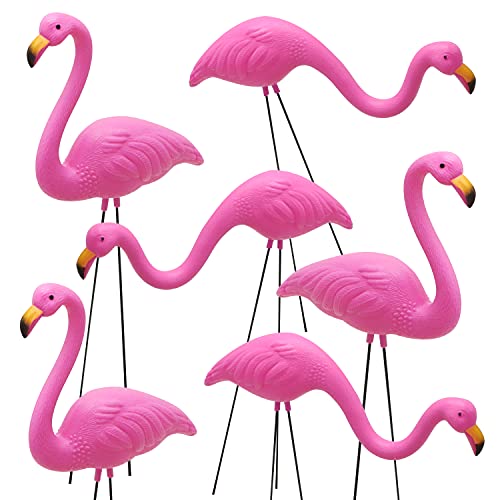 JOYIN Set of 6 Small Pink Flamingo Yard Ornament Stakes Mini Lawn Plastic Flamingo Statue with Metal Legs for Sidewalks, Outdoor Garden Decoration, Luau Party, Beach, Tropical Party Decor, 2 Styles