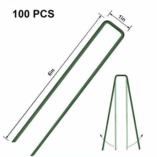 6 Inch Garden Stakes Galvanized Landscape Staples Green U-Type Turf Staples for Artificial Grass Rust Proof Sod Pins Stakes for Securing Yard Fences Weed Barrier Outdoor Wire Cords Tents Tarps 100 Pcs