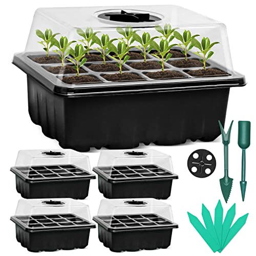 Sfee 5 Pack Seed Starter Tray Kit, 60 Cells Seedling Starter Trays with Humidity Dome and Base Greenhouse Growing Trays, Reusable Seed Germination Seedling Tray with Garden Tools Labels (Black)