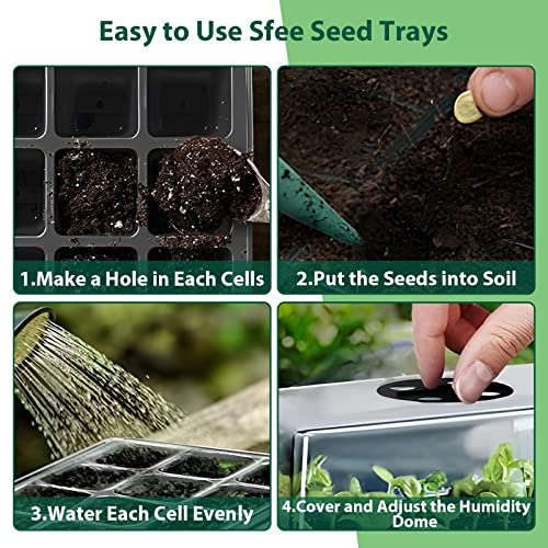 Sfee 5 Pack Seed Starter Tray Kit, 60 Cells Seedling Starter Trays with Humidity Dome and Base Greenhouse Growing Trays, Reusable Seed Germination Seedling Tray with Garden Tools Labels (Black)