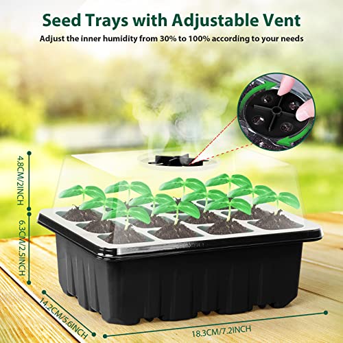 Sfee 5 Pack Seed Starter Tray Kit, 60 Cells Seedling Starter Trays with Humidity Dome and Base Greenhouse Growing Trays, Reusable Seed Germination Seedling Tray with Garden Tools Labels (Black)