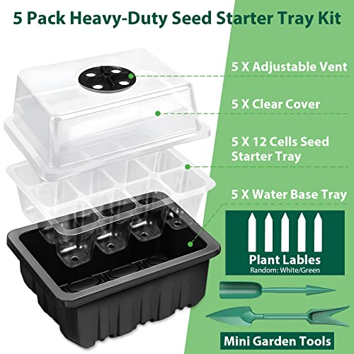 Sfee 5 Pack Seed Starter Tray Kit, 60 Cells Seedling Starter Trays with Humidity Dome and Base Greenhouse Growing Trays, Reusable Seed Germination Seedling Tray with Garden Tools Labels (Black)